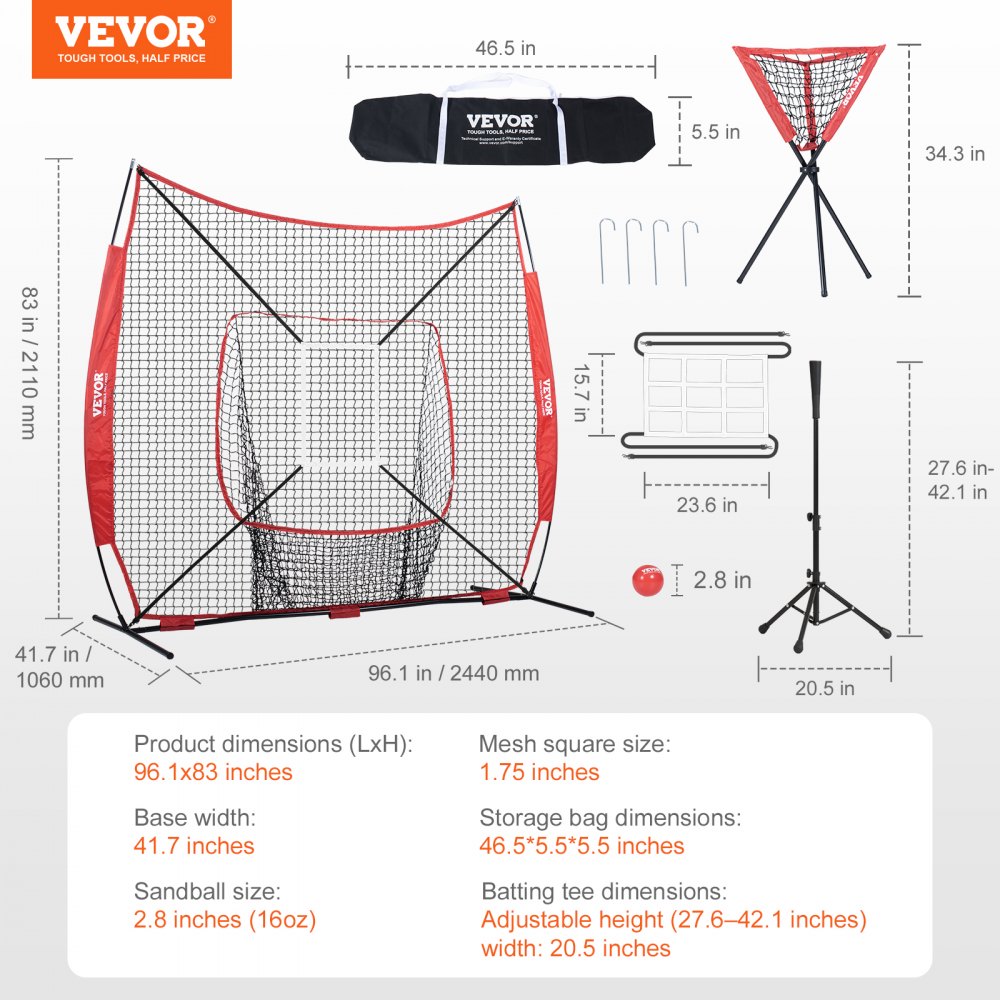 VEVOR 244 x 106 x 211 cm Baseball-Softball-Übungsnetz, Baseball-Trainingsnetz, Schlagen, Fangen, Pitchen, Backstop-Baseballausrüstung mit Bogenrahmen, Tragetasche, Schlagzone, Ball, Ballsammler