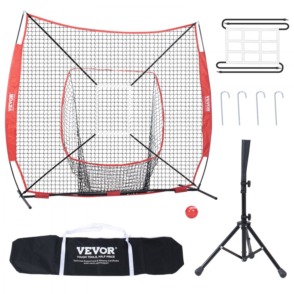 VEVOR 244 x 106 x 211 cm Baseball-Softball-Übungsnetz, tragbares Baseball-Trainingsnetz, Schlagen, Fangen, Pitchen, Backstop-Baseballausrüstung mit Bogenrahmen, Tragetasche, Schlagzone, Rotem Ball.