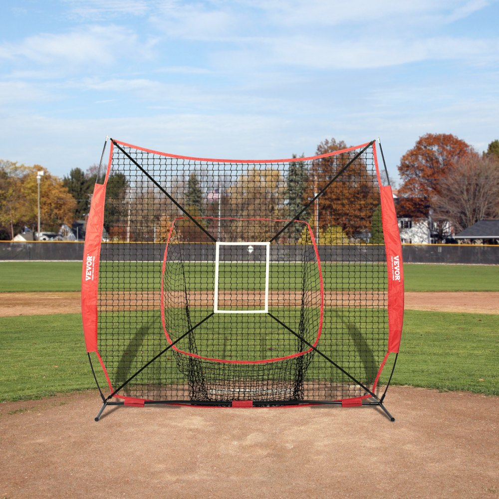 VEVOR 244 x 106 x 211 cm Baseball-Softball-Übungsnetz, tragbares Baseball-Trainingsnetz, Schlagen, Fangen, Pitchen, Backstop-Baseballausrüstung mit Bogenrahmen, Tragetasche, Schlagzone, Rotem Ball.