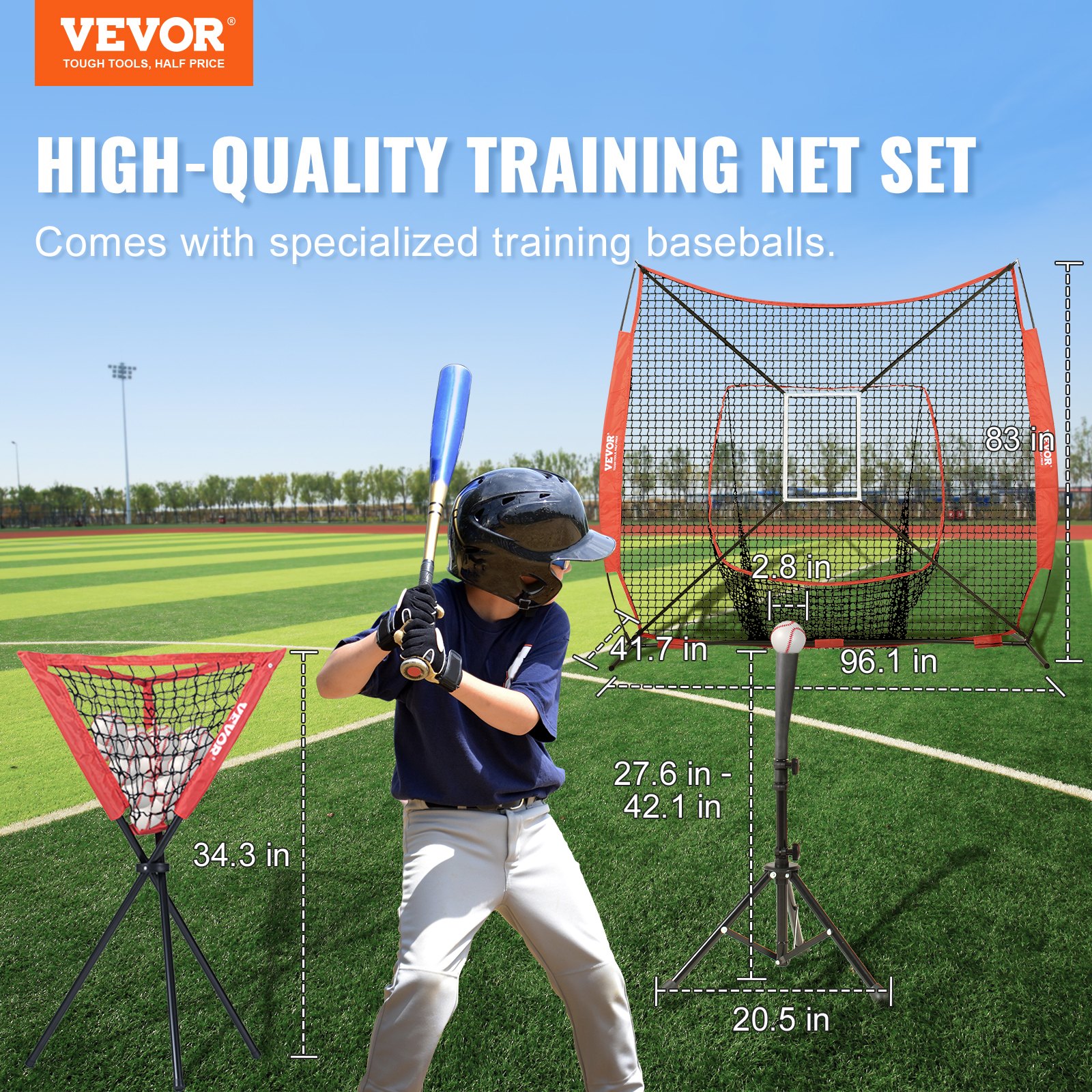 VEVOR 244 x 106 x 211 cm Baseball-Softball-Übungsnetz, Tragbares Baseball-Trainingsnetz zum Schlagen, Fangen, Pitchen, Backstop-Ausrüstung mit Bogenrahmen, Tragetasche, Schlagzone, Bällen, Ballsammler