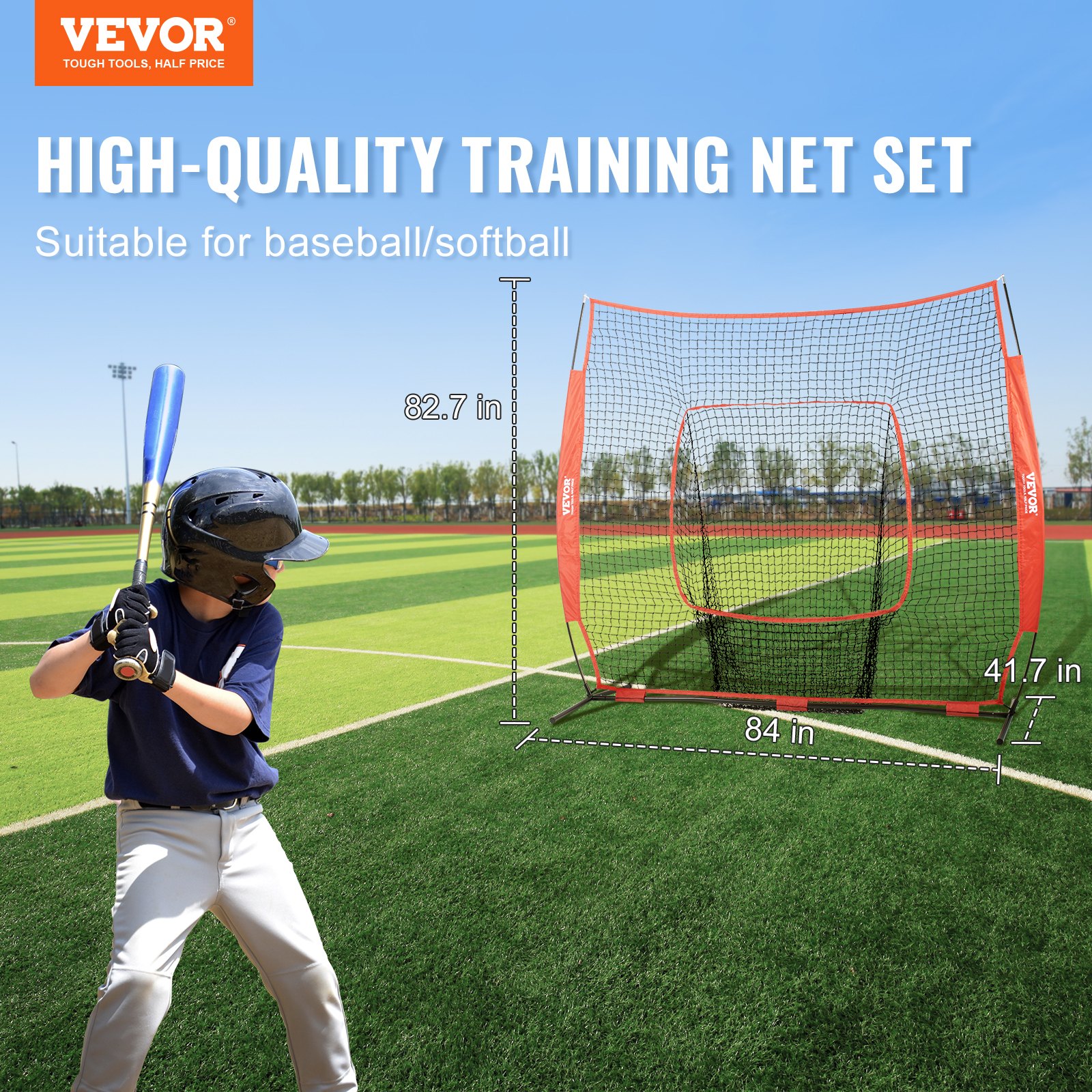 VEVOR 213,4 x 106 x 210 cm Baseball-Softball-Übungsnetz, Baseball Pitching Net, Schlagen, Fangen, Pitchen, Backstop-Trainingshilfen für Baseballausrüstung mit Bogenrahmen, Tragetasche & Schlagzone