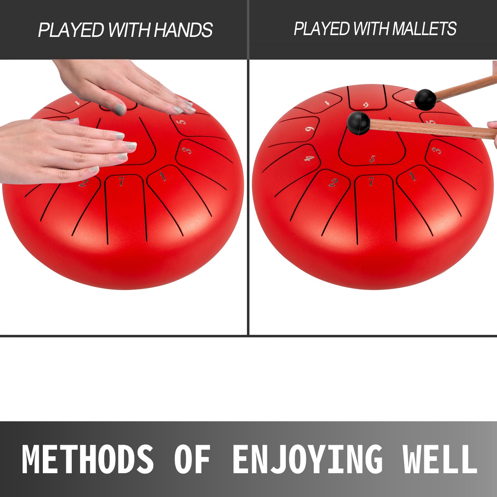 VEVOR Zungentrommel aus Stahl, Hang Drum Instrument 11 Töne, Hang Drum Instrument 20 cm, Percussioninstrument Pistolenfarbe mit Reisetasche, Musikbuch, Schlägel, Rot Tank Drum Chakra Drum