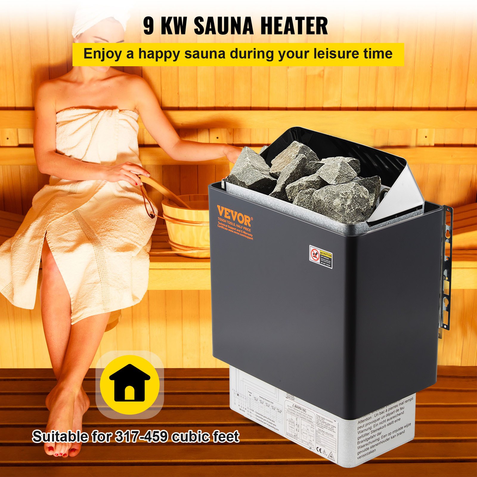 VEVOR Saunaofen 9 KW, Sauna Elektroherd 380 V - 415 V, Edelstahlsaunaofen 20 kg Saunasteine, Elektrischer Saunaofen 2 Modi (Temperatur, Zeit), mit Externem Steuergerät und 3M-Temperatursensor