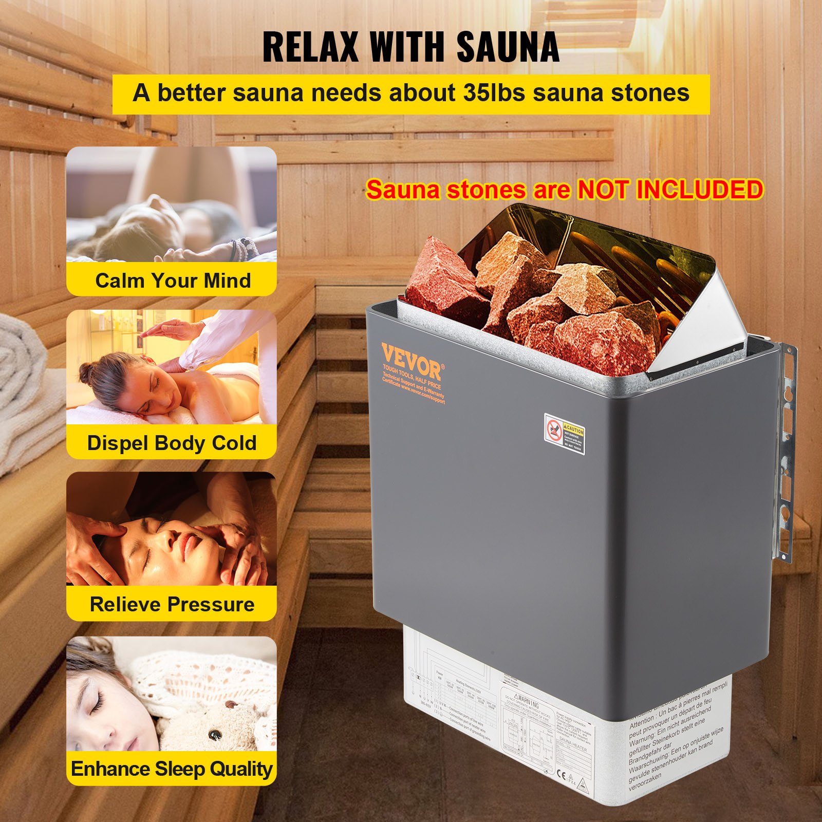 VEVOR Saunaofen 9 KW, Sauna Elektroherd 380 V - 415 V, Edelstahlsaunaofen 20 kg Saunasteine, Elektrischer Saunaofen 2 Modi (Temperatur, Zeit), mit Externem Steuergerät und 3M-Temperatursensor