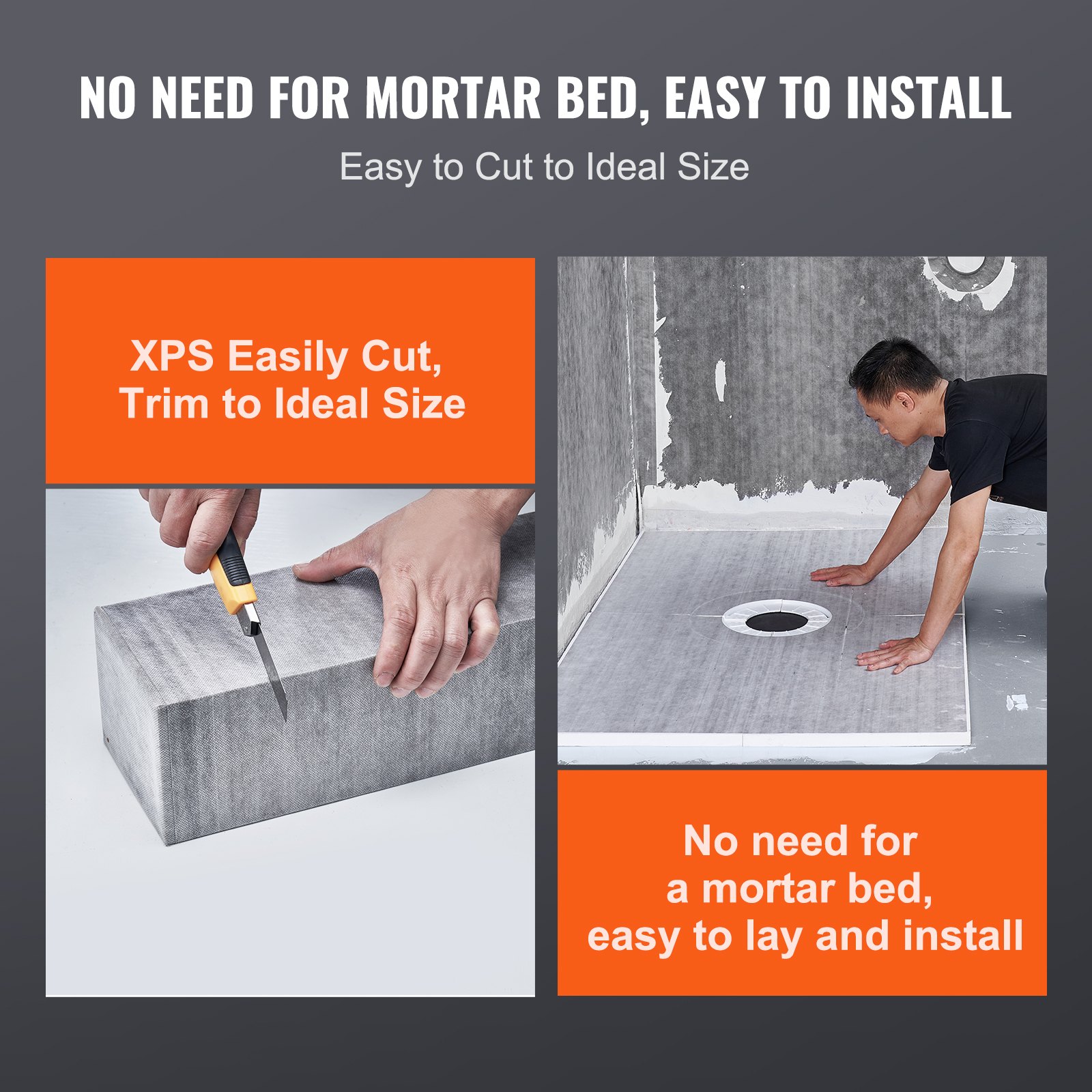 VEVOR Duschkanten-Set,1524 x 1219 x 28 mm Duschwannen-Set mit 2 Zoll ABS-Mittelflansch, wasserdichter Membran, Edelstahlrost und Fugenversiegelung, Duschwannen-Gefällestäbe passend für Badezimmer