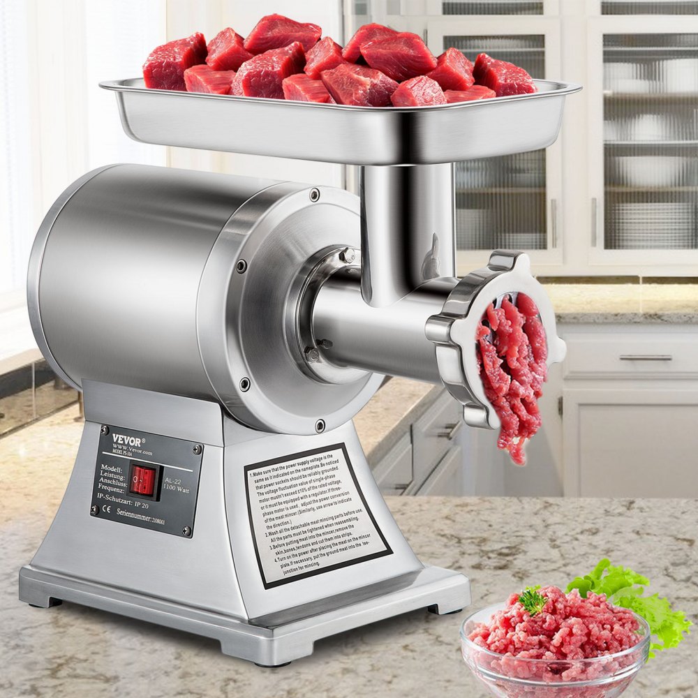 VEVOR Fleischwolf Elektrisch, Hackfleisch Maschine 193 U / min, Fleischwolf 250 kg / h Produktkapazität, 448 x 210 x 387 mm, Edelstahl Fleischwolf mit 5 Schleifscheiben 4 / 6 / 8 / 10 / 12 mm