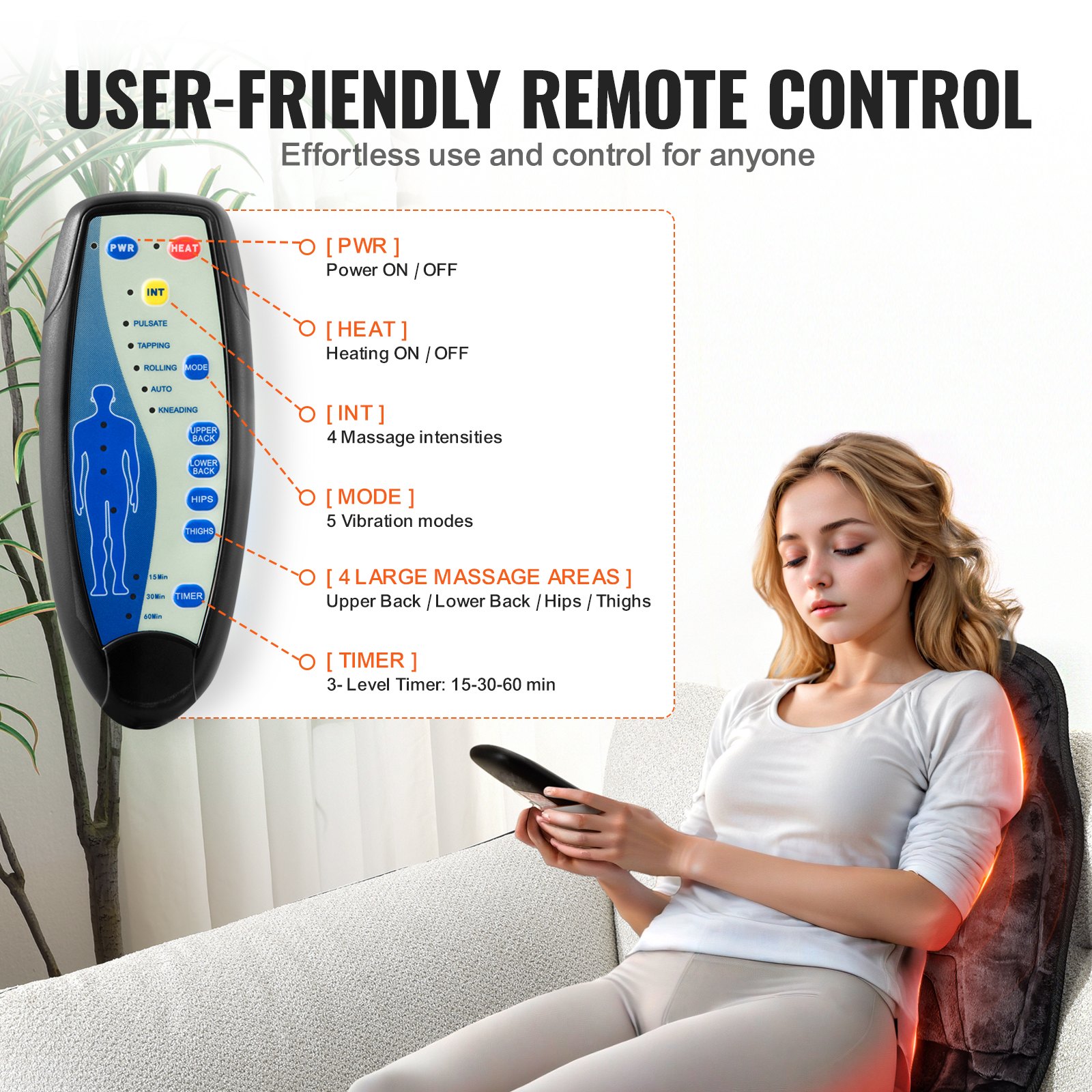 VEVOR Massagesitzauflage 3800U/min Massageauflage 5 Modi Massagesessel Massagesitz mit 6 vibrierenden Massagemotoren (4 für den Rücken, 2 für die Hüften) Massagestuhl Linderung von Müdigkeit Stress