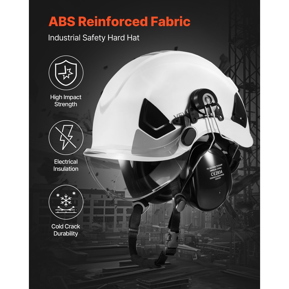 VEVOR Schutzhelm ANSI/ISEA Z89.1-zugelassener ABS-Sicherheitshelm mit Visier & Ohrenschützern, verstellbarer Industriehelm belüfteter Bauhelm Arbeitshelm für Industriebau Arbeitskleidung Weiß