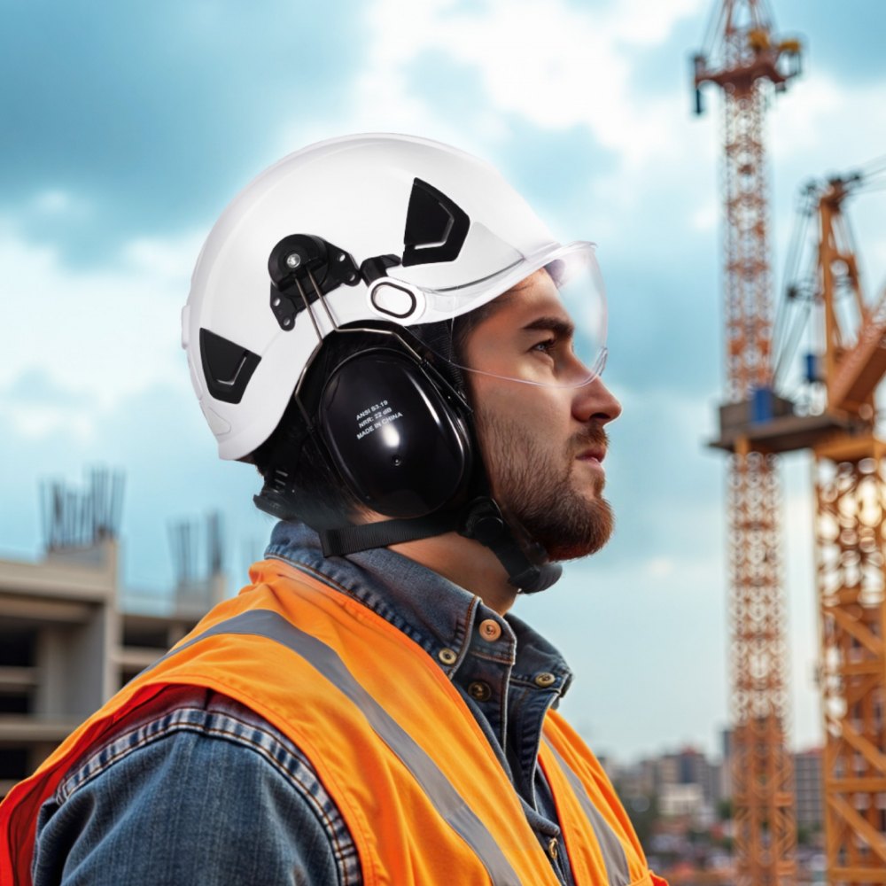 VEVOR Schutzhelm ANSI/ISEA Z89.1-zugelassener ABS-Sicherheitshelm mit Visier & Ohrenschützern, verstellbarer Industriehelm belüfteter Bauhelm Arbeitshelm für Industriebau Arbeitskleidung Weiß