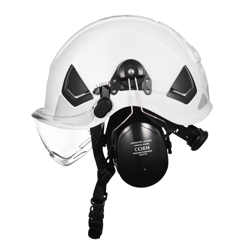 VEVOR Schutzhelm ANSI/ISEA Z89.1-zugelassener ABS-Sicherheitshelm mit Visier & Ohrenschützern, verstellbarer Industriehelm belüfteter Bauhelm Arbeitshelm für Industriebau Arbeitskleidung Weiß