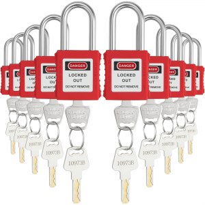 Produktbild von Lockout-Tagout-Set 5 Schlösser + 10 Schlüssel – 38 Mm Nylon, Staubdicht, Nichtleitend, Mit Warntafeln, Für Industrie & Sicherheit (rot)