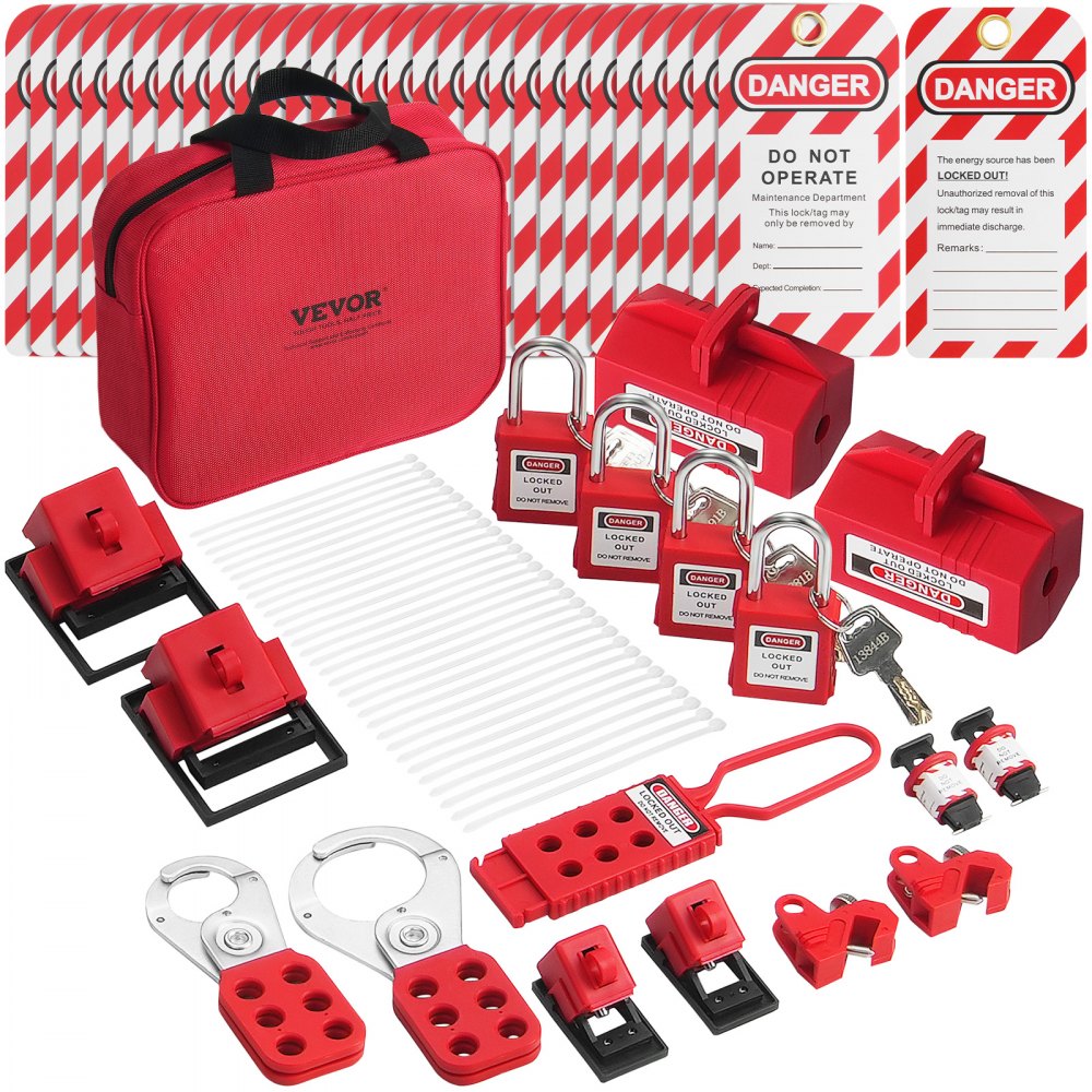 VEVOR Elektrisches Lockout-Tagout-Kit, 47-teiliges Sicherheits-Loto-Kit mit Vorhängeschlössern, Haspen, Etiketten, Nylonbändern, Steckerverriegelungen, Leistungsschalterverriegelungen und Tragetasche