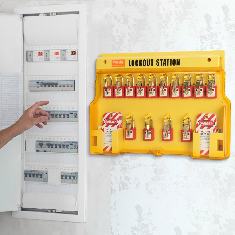 VEVOR Elektrisches Lockout-Tagout-Kit, 60-teilige Sicherheits-Lockout-Tagout-Station inkl. Vorhängeschlösser, Haspen, Anhänger, Nylonbinder, Erweiterungskit und Lockout-Stationsplatine