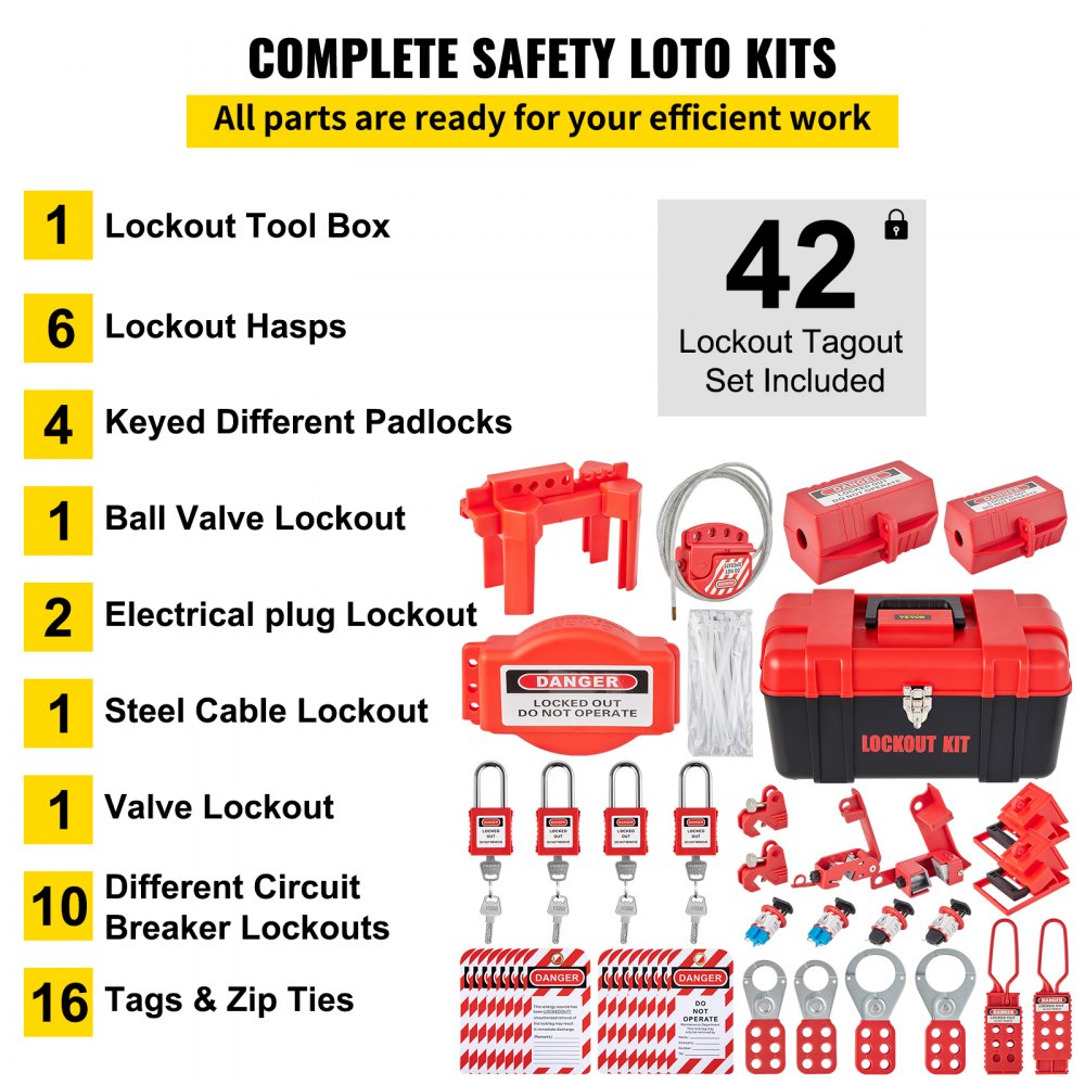 VEVOR 42-piece Lockout/Tagout Kit, Electrical Safety Loto Kit, includes padlocks, 5 types of lockouts, hasps, tags and cable ties, box, lockout safety tools for eliminating electrical risks in industry and machinery