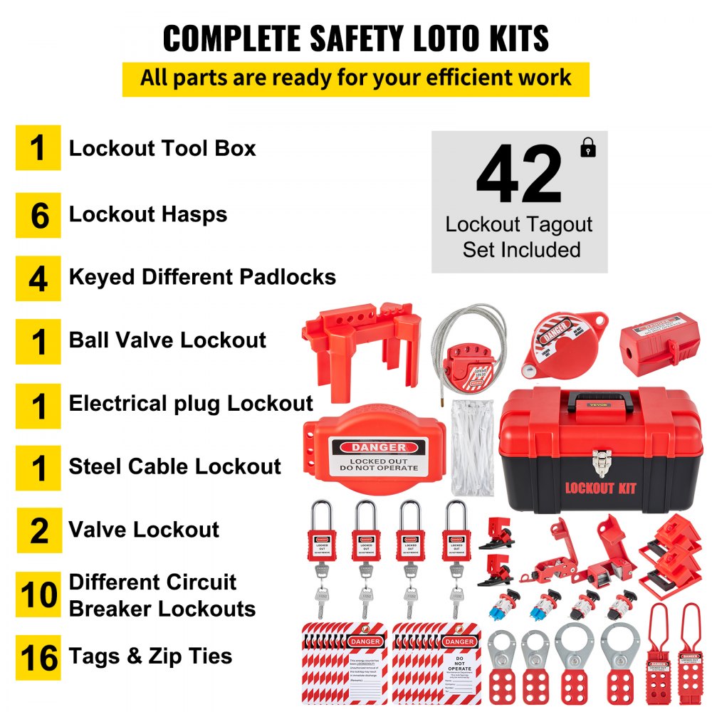 VEVOR 42-piece Lockout/Tagout Kit, Electrical Safety Loto Kit, includes padlocks, 5 types of lockouts, hasps, tags and cable ties, box, lockout safety tools for eliminating electrical risks in industry and machinery
