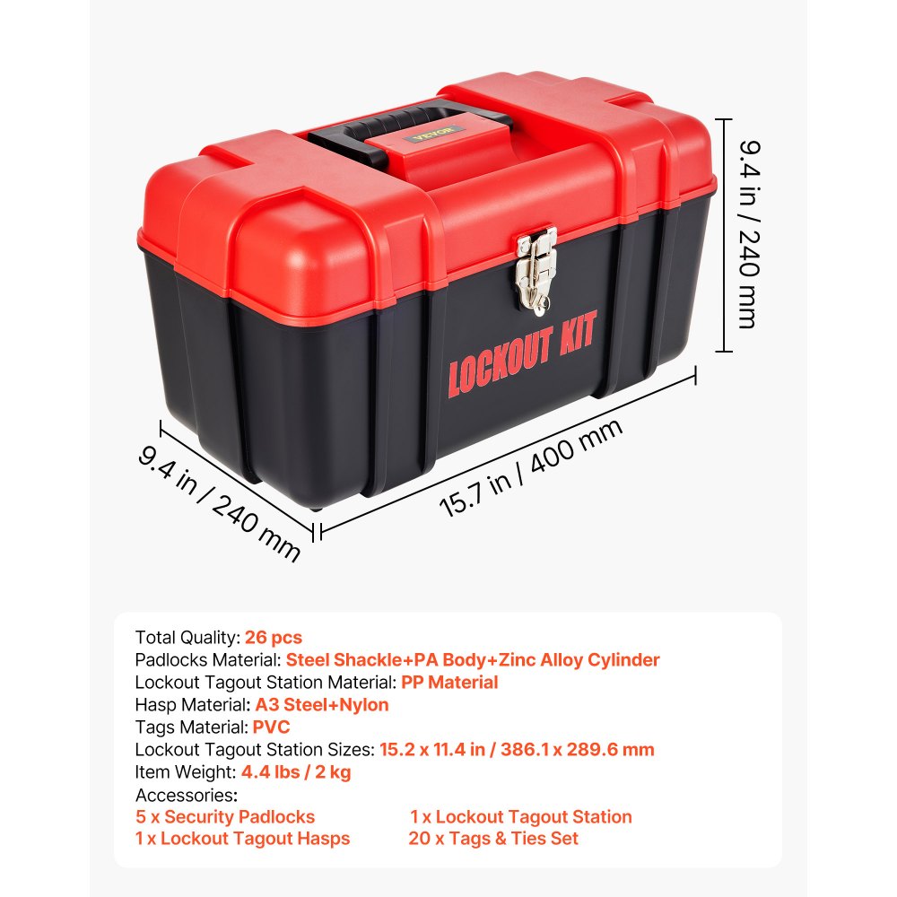 VEVOR 42-teiliges Lockout-Tagout-Kits, elektrisches Sicherheits-Loto-Kit, enthält Vorhängeschlösser, 5 Arten von Lockouts, Haspen, Anhänger und Kabelbinder, Box, Lockout-Sicherheitswerkzeuge für die B