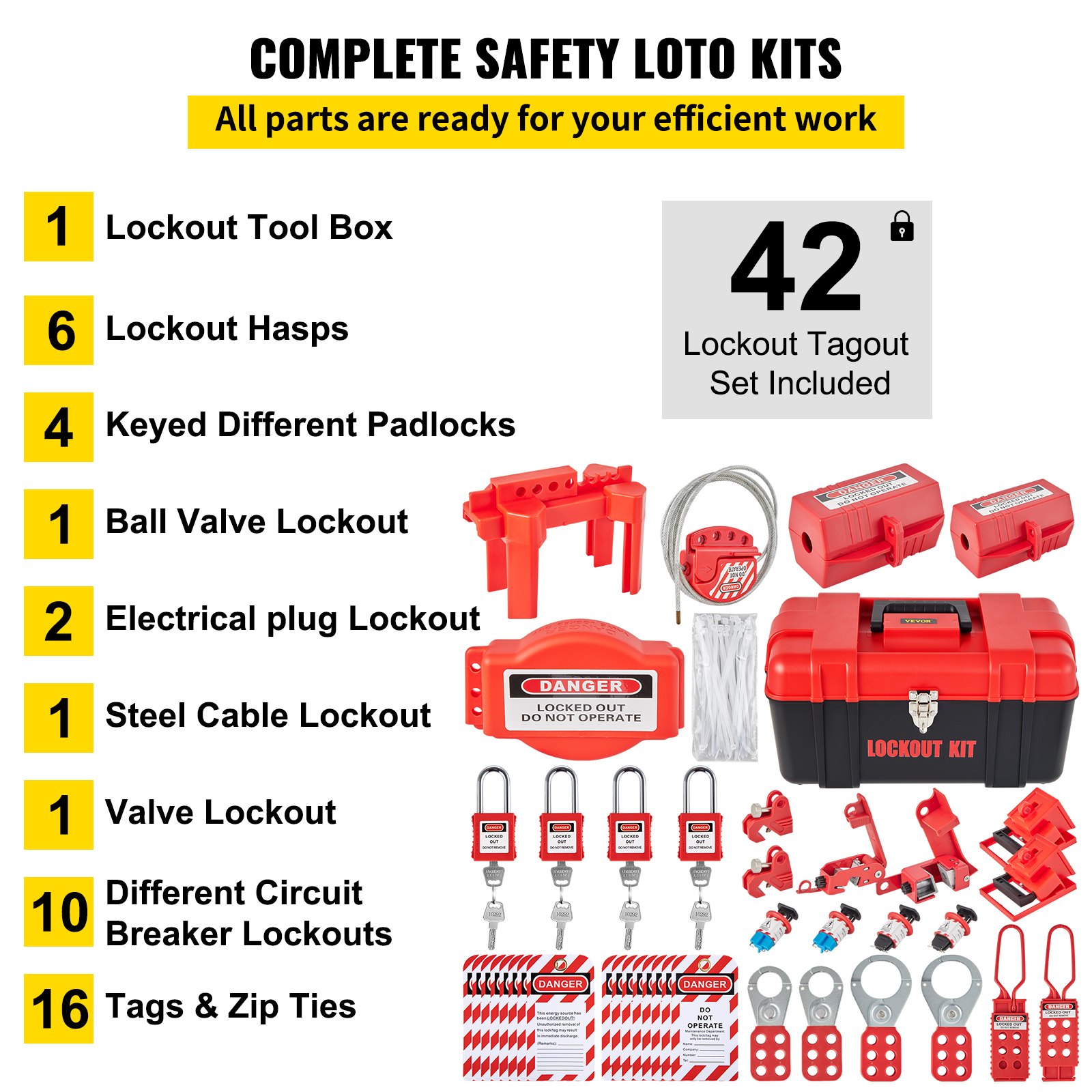 VEVOR 42-piece Lockout/Tagout Kit, Electrical Safety Loto Kit, includes padlocks, 5 types of lockouts, hasps, tags and cable ties, box, lockout safety tools for eliminating electrical risks in industry and machinery