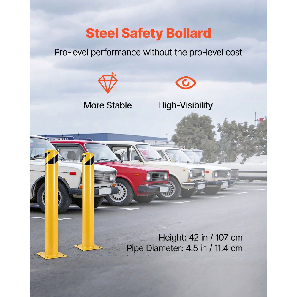 VEVOR Safety Bollard/Barrier, 107 cm High, Yellow Powder-Coated Tube, 11.4 cm Tube Diameter, Steel Safety Barrier with 4 Anchor Bolts for Traffic-Sensitive Areas