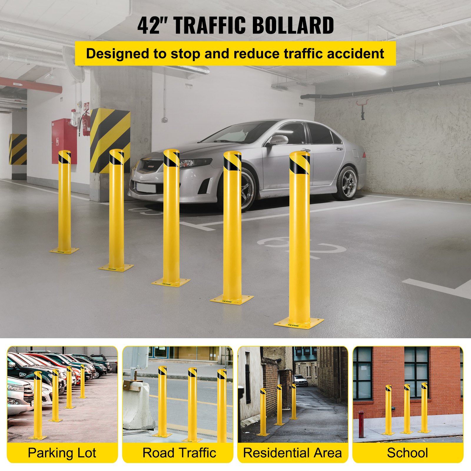VEVOR Safety Bollard/Barrier, 107 cm High, Yellow Powder-Coated Tube, 11.4 cm Tube Diameter, Steel Safety Barrier with 4 Anchor Bolts for Traffic-Sensitive Areas