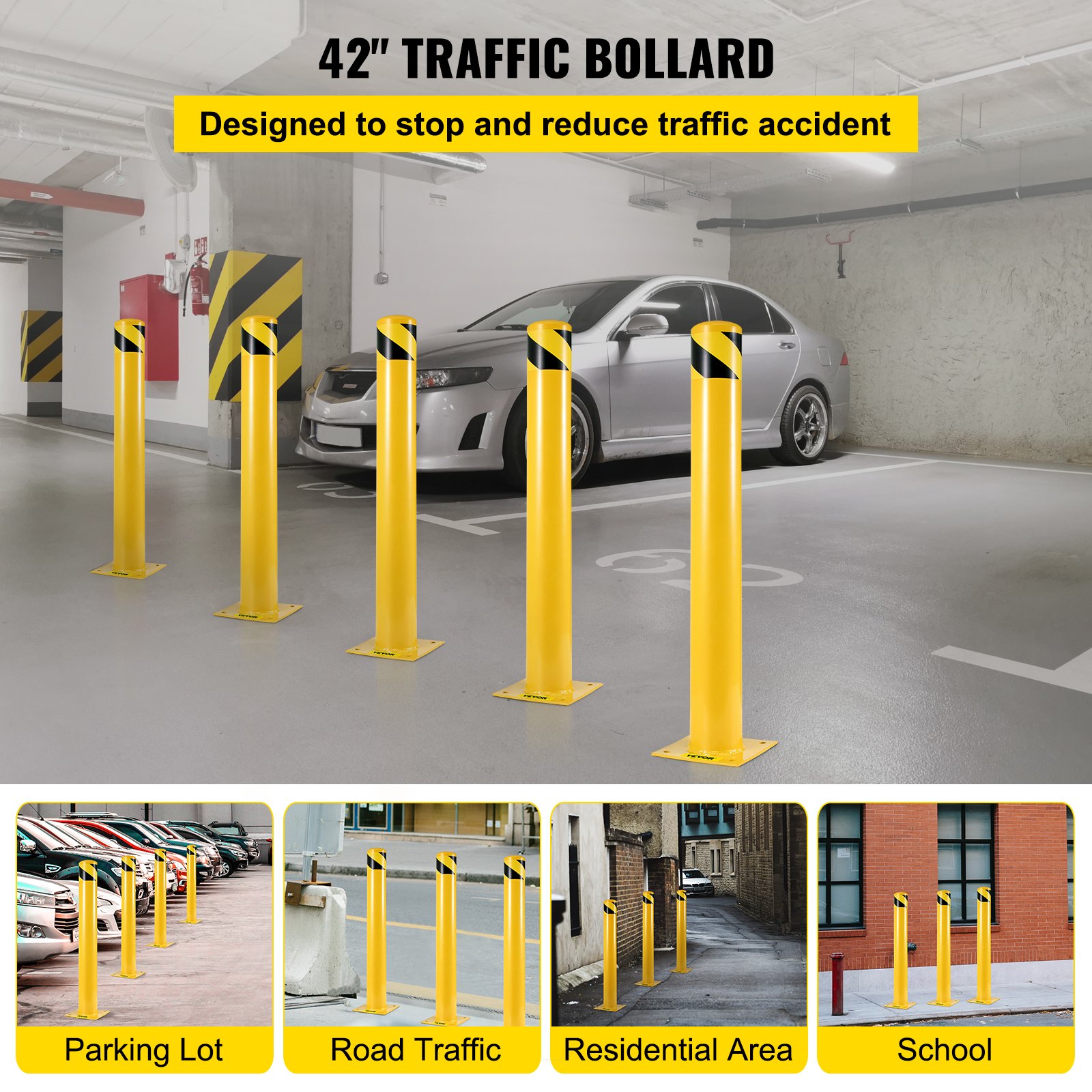 VEVOR Safety Bollard, 106.6 cm High, Yellow Powder-Coated Tubular Steel Safety Barrier, Bollard Post with 4 Anchor Bolts, for Traffic-Sensitive Areas