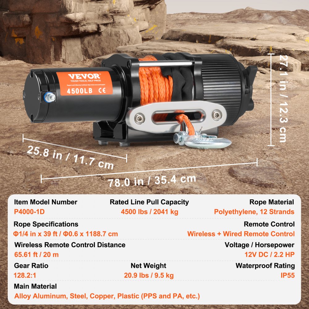 VEVOR Electric Winch, 2048 kg Pulling Capacity, 12 V DC for Off-Road Vehicles/UTVs, with 12-Strand Synthetic Rope (Φ1/4 Inch x 39 Feet), Aluminum Rope Guide, Remote Controls, IP55 Water Resistance