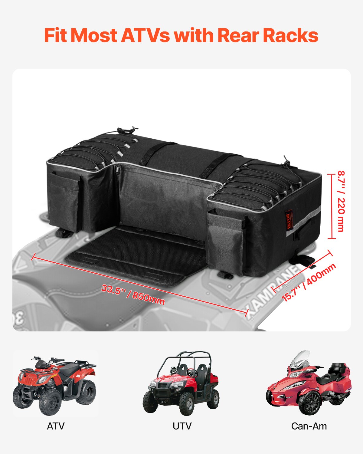 VEVOR ATV-Hecktasche 60 L, 600D Oxford-Gewebe Heckaufbewahrungstasche mit Rückenlehne & Wasserfester Abdeckung, für die Meisten ATVs mit Gepäckträger - Kompatibel mit UTVs Can-Am-Fahrzeugen