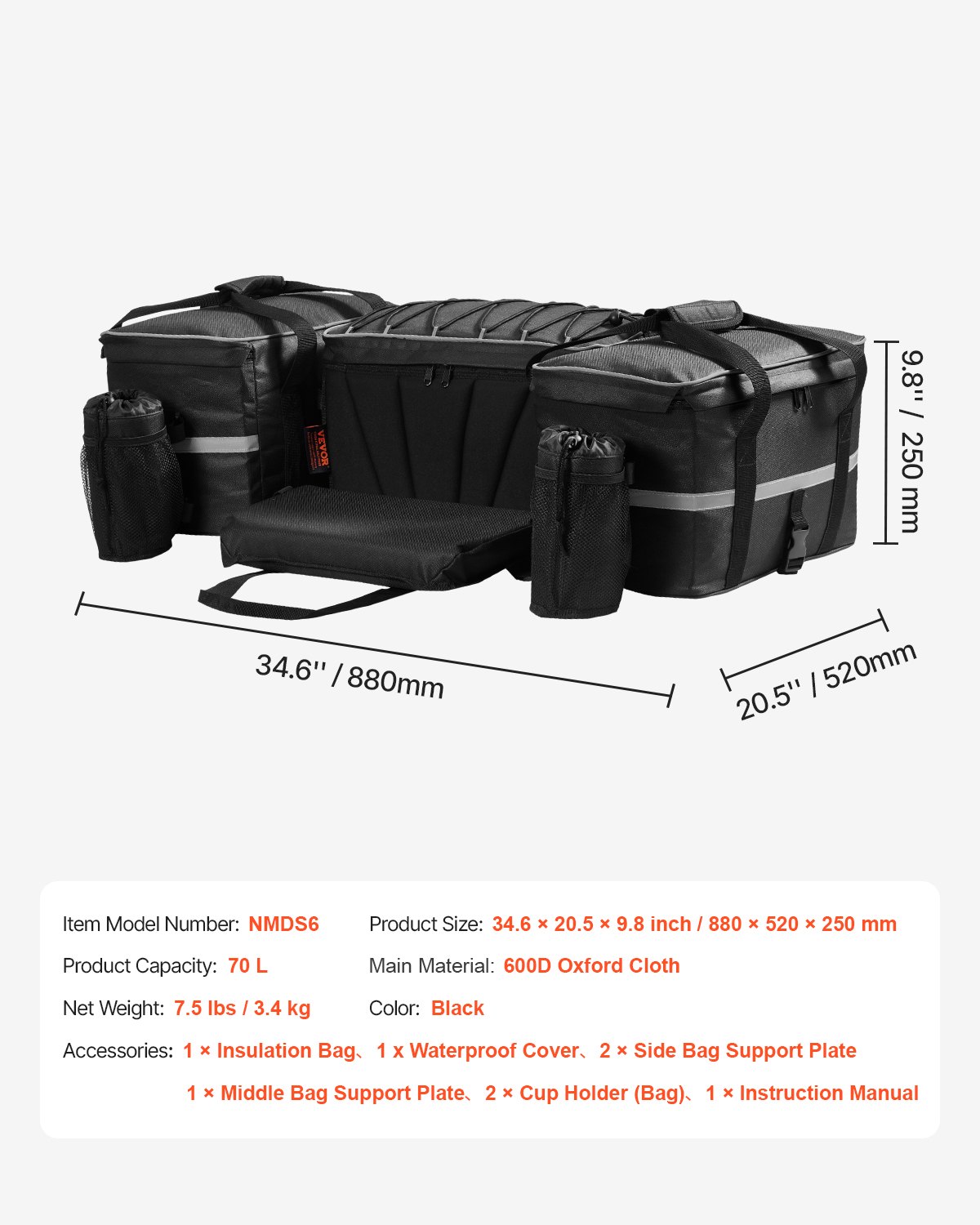 VEVOR ATV Heckaufbewahrungstasche Hecktasche Heckfrachttasche aus 600D Oxford-Stoff (54 L) mit 16 L Kühl-Isoliertasche, Rücksitz-Ausrüstungstasche, passend für die meisten ATVs UTVs