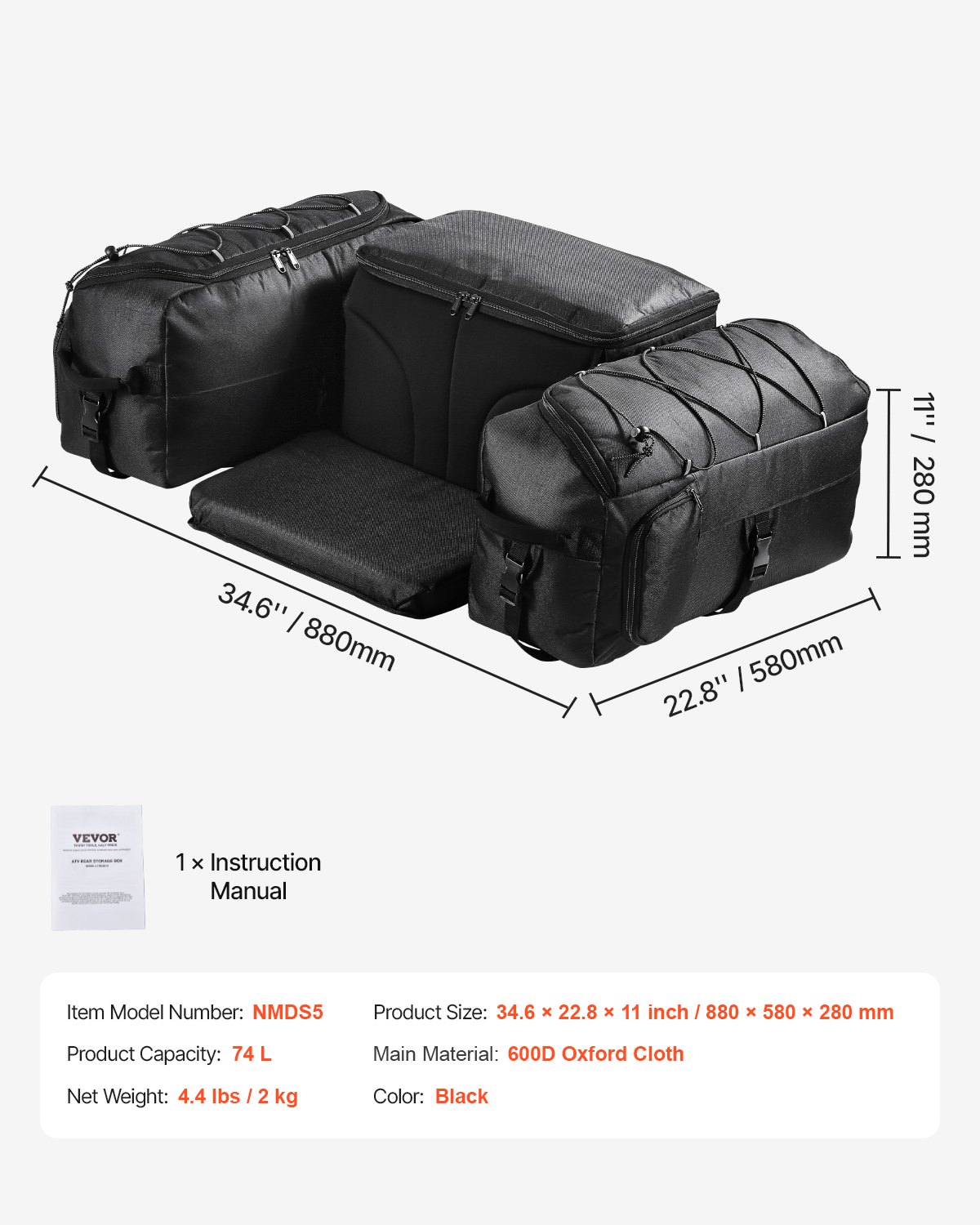 VEVOR ATV Heckaufbewahrungstasche Hecktasche Heckfrachttasche (74 L) mit Kühlisoliertasche, Rücksitz-Ausrüstungstasche, passend für die meisten ATVs UTVs mit Gepäckträger schwarz