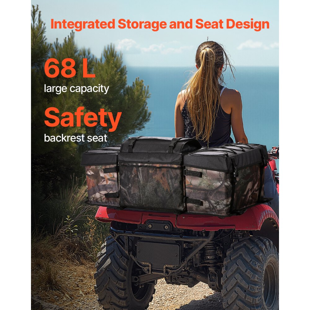 VEVOR ATV Heckaufbewahrungstasche Hecktasche Heckfrachttasche (68 L) mit Schwamm-Sitzkissen und Flaschenhalter, Rücksitz-Ausrüstungstasche, passend für die meisten ATVs UTVs mit Gepäckträger
