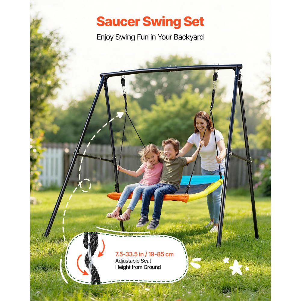 VEVOR Gartenschaukel mit A-förmigem Metallgestell, Schaukelsitz (150 x 81 cm), bis zu 199,6 kg Tragkraft, Schaukelset Outdoor, Verstärkt mit Spiralförmigen Bodenankern, Kinderschaukel Farbenfroh