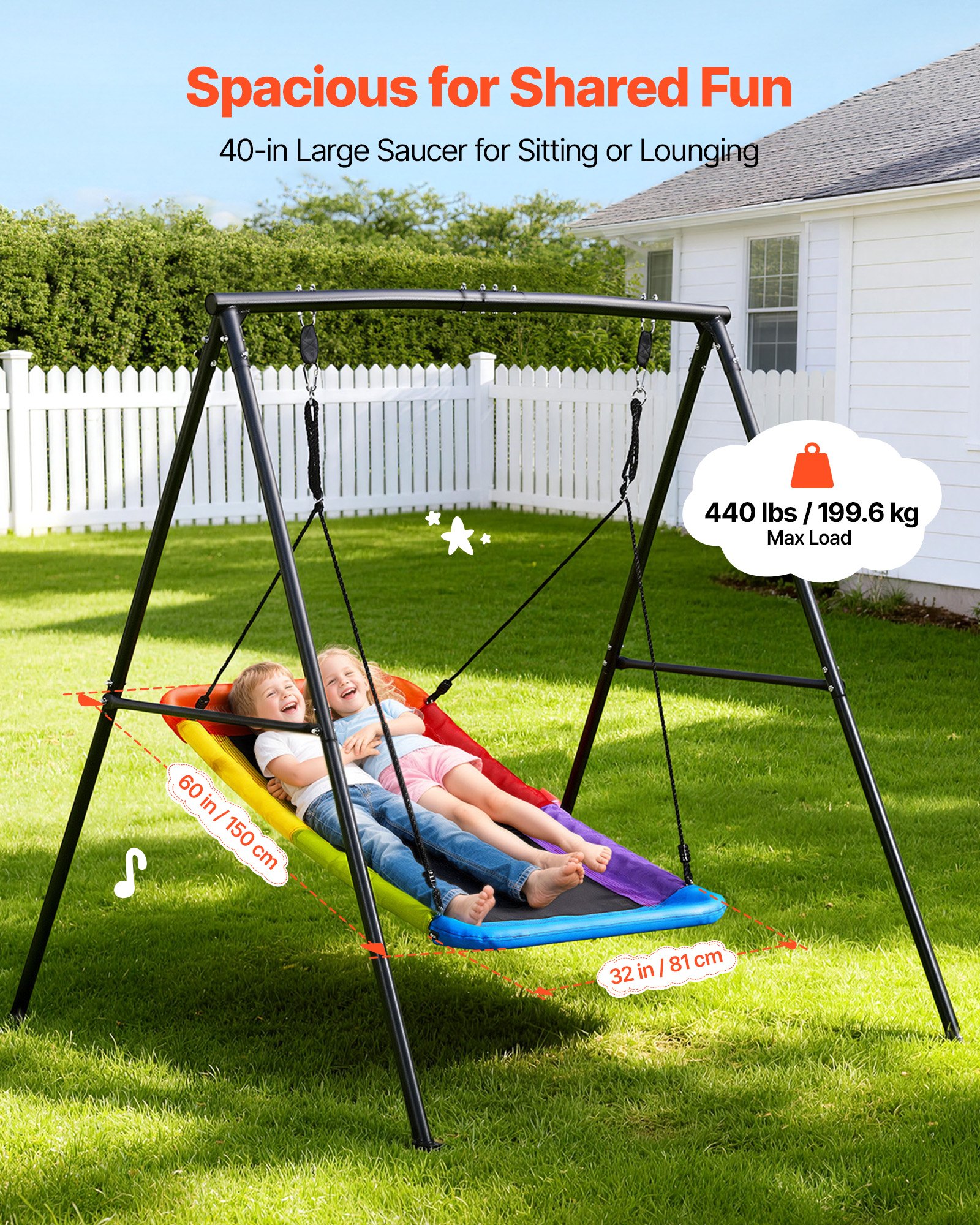 VEVOR Gartenschaukel mit A-förmigem Metallgestell, Schaukelsitz (150 x 81 cm), bis zu 199,6 kg Tragkraft, Schaukelset Outdoor, Verstärkt mit Spiralförmigen Bodenankern, Kinderschaukel Farbenfroh