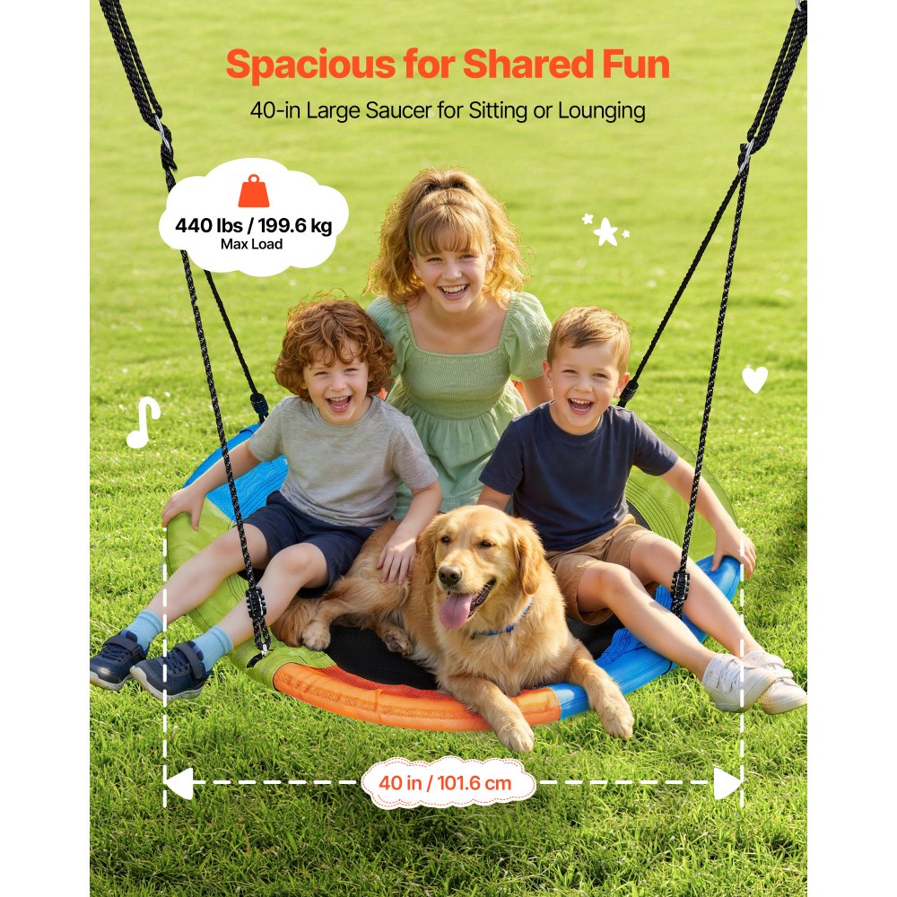 VEVOR Swing Set for Backyard, 100 cm Saucer Swing Seat with Heavy Duty A-Frame Metal Stand, 199.6 kg Load Capacity, Reinforced with Spiral Ground Anchors, Swingset Outdoor for Kids, Green and Colorful