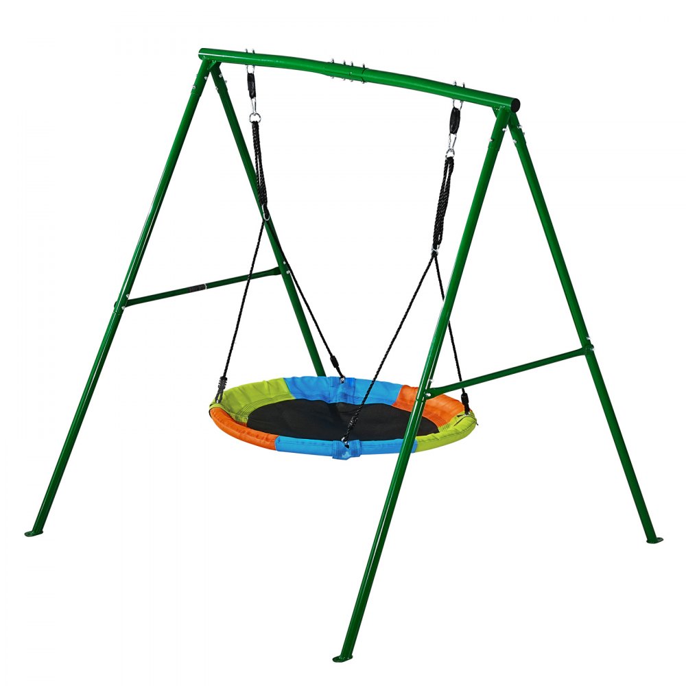VEVOR Swing Set for Backyard, 100 cm Saucer Swing Seat with Heavy Duty A-Frame Metal Stand, 199.6 kg Load Capacity, Reinforced with Spiral Ground Anchors, Swingset Outdoor for Kids, Green and Colorful