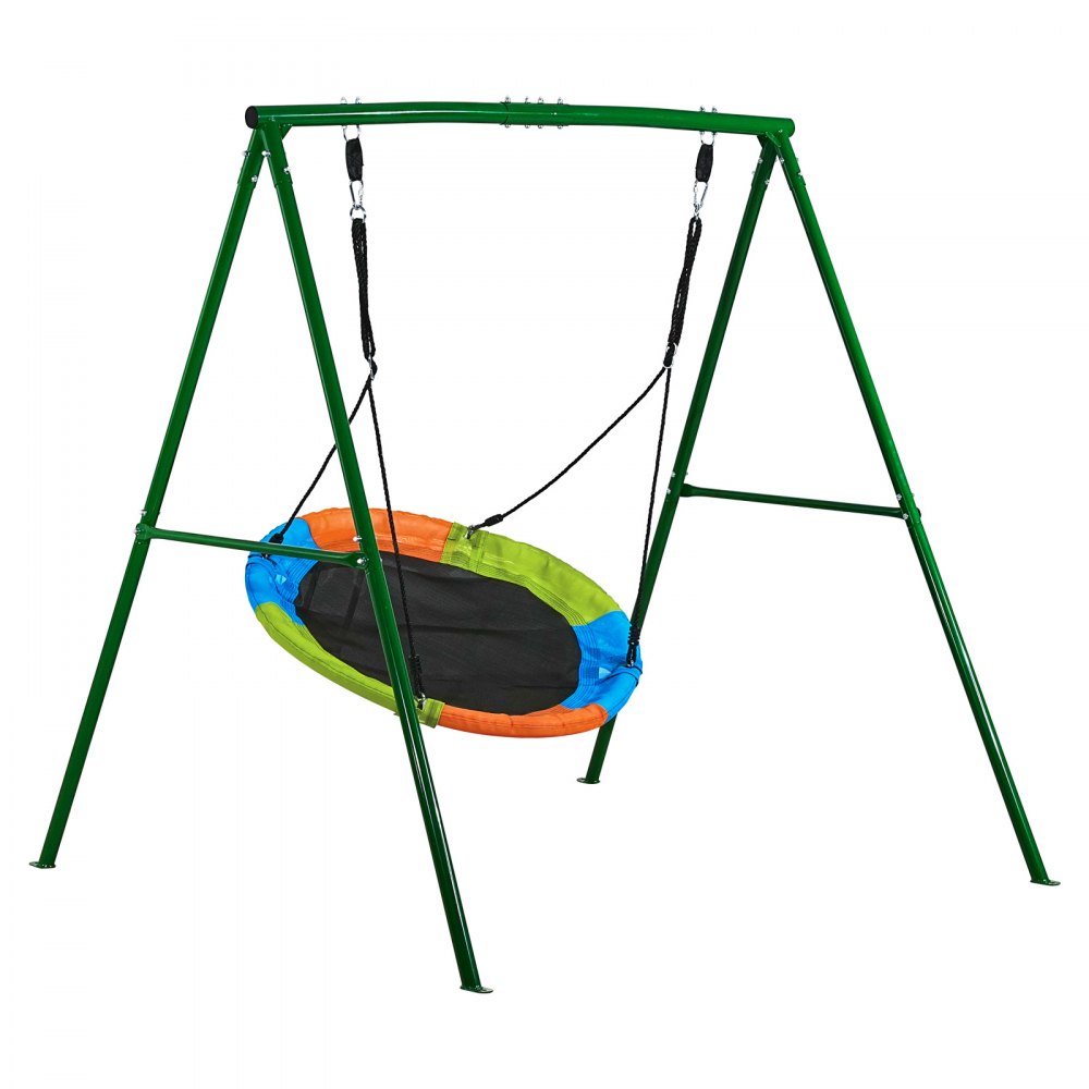 VEVOR Swing Set for Backyard, 100 cm Saucer Swing Seat with Heavy Duty A-Frame Metal Stand, 199.6 kg Load Capacity, Reinforced with Spiral Ground Anchors, Swingset Outdoor for Kids, Green and Colorful