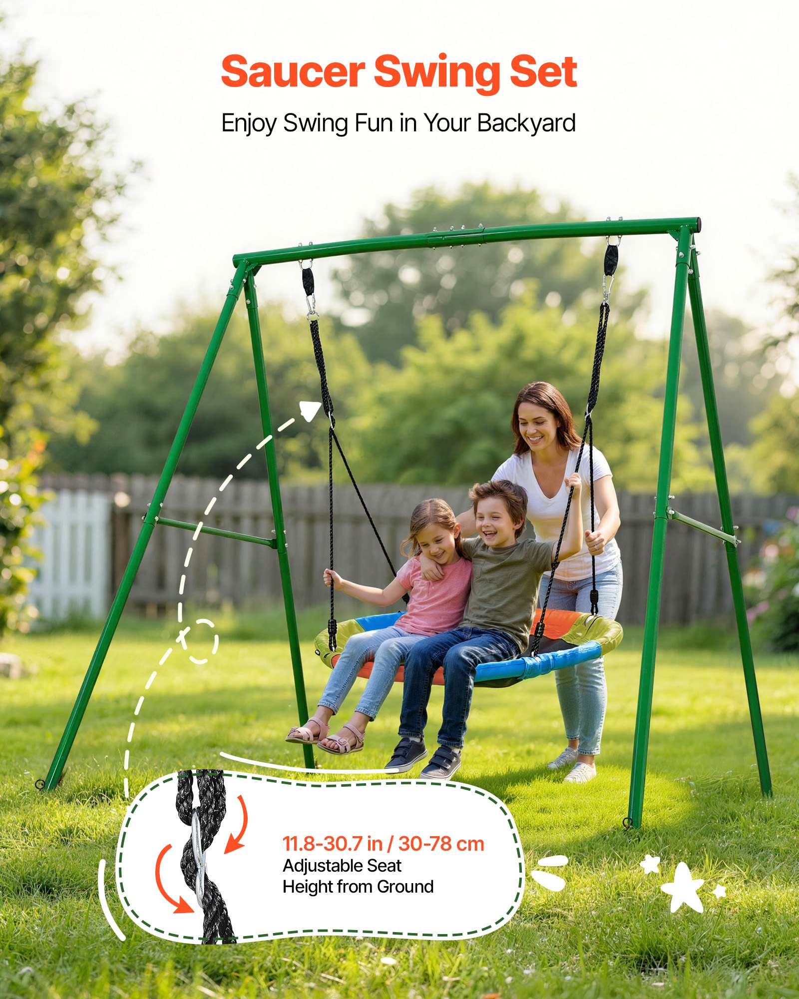 VEVOR Swing Set for Backyard, 100 cm Saucer Swing Seat with Heavy Duty A-Frame Metal Stand, 199.6 kg Load Capacity, Reinforced with Spiral Ground Anchors, Swingset Outdoor for Kids, Green and Colorful