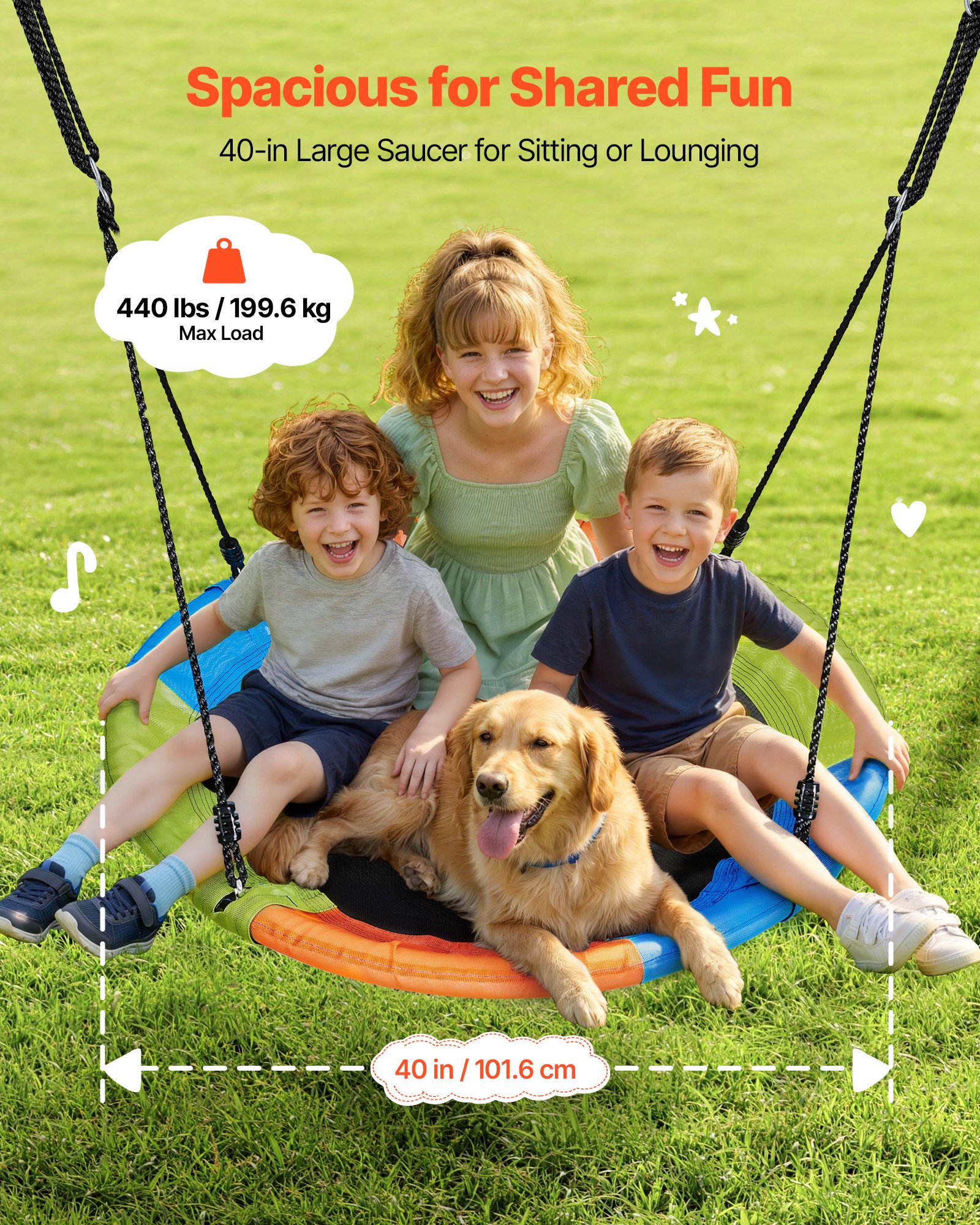 VEVOR Swing Set for Backyard, 100 cm Saucer Swing Seat with Heavy Duty A-Frame Metal Stand, 199.6 kg Load Capacity, Reinforced with Spiral Ground Anchors, Swingset Outdoor for Kids, Green and Colorful