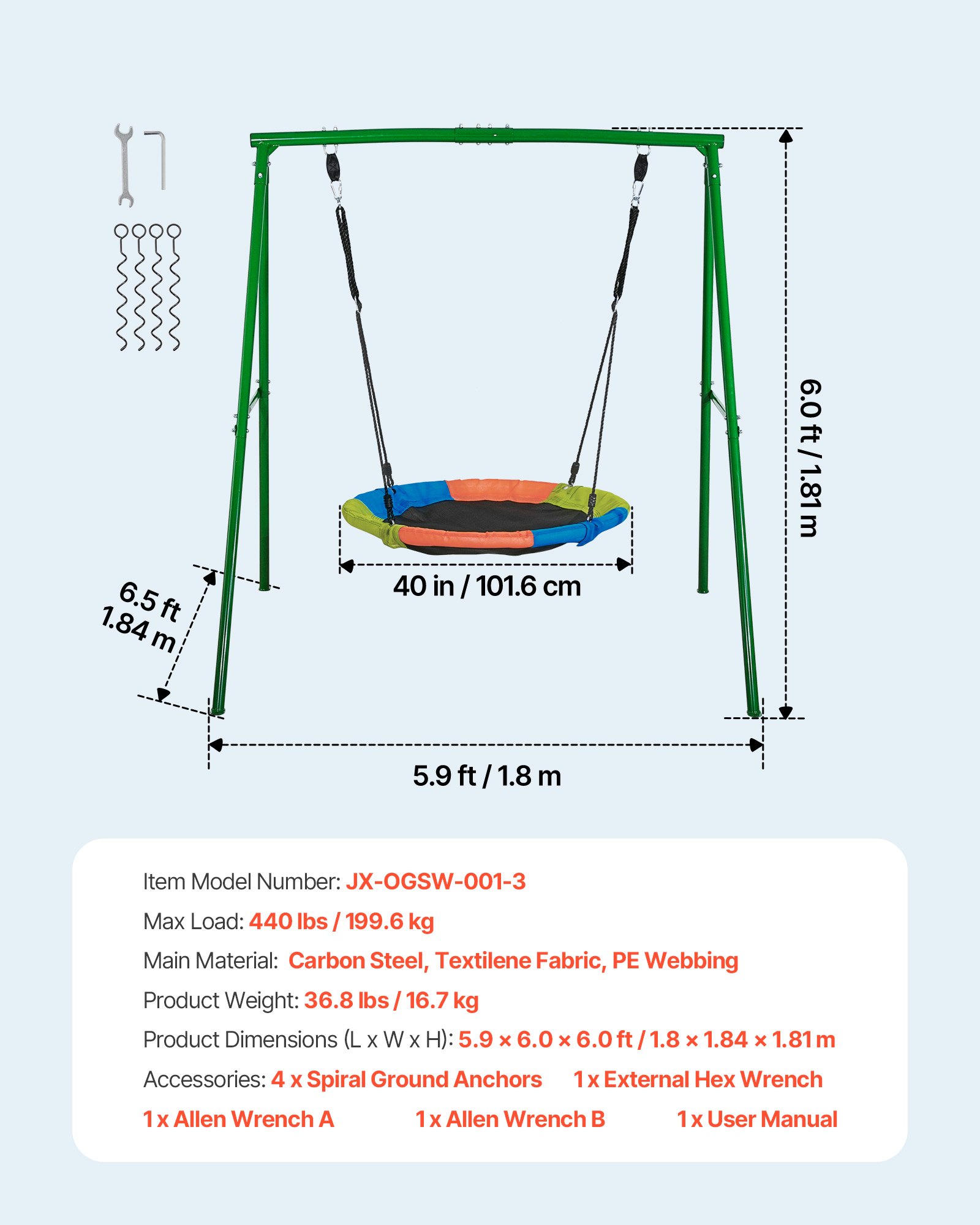VEVOR Swing Set for Backyard, 100 cm Saucer Swing Seat with Heavy Duty A-Frame Metal Stand, 199.6 kg Load Capacity, Reinforced with Spiral Ground Anchors, Swingset Outdoor for Kids, Green and Colorful