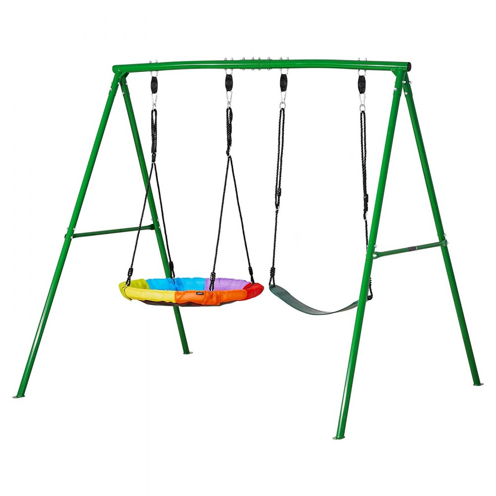VEVOR Gartenschaukel mit A-förmigem Metallgestell, Doppelschaukel (1 Tellerschaukel & 1 Gurtschaukel), bis zu 199,6 kg Tragkraft, Schaukelset Outdoor, Verstärkt mit Spiralförmigen Bodenankern