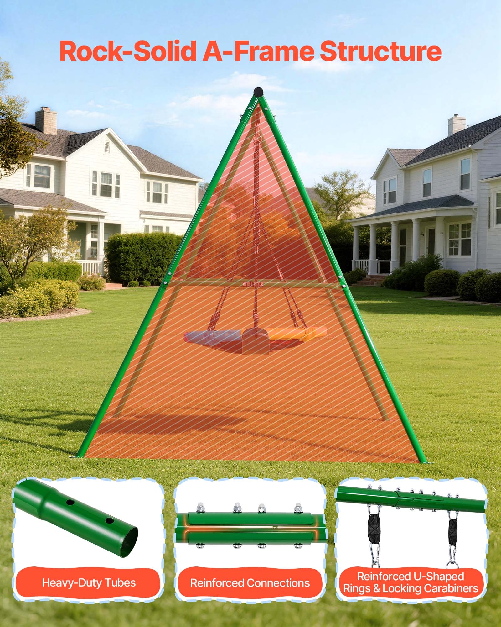 VEVOR Gartenschaukel mit A-förmigem Metallgestell, Doppelschaukel (1 Tellerschaukel & 1 Gurtschaukel), bis zu 199,6 kg Tragkraft, Schaukelset Outdoor, Verstärkt mit Spiralförmigen Bodenankern