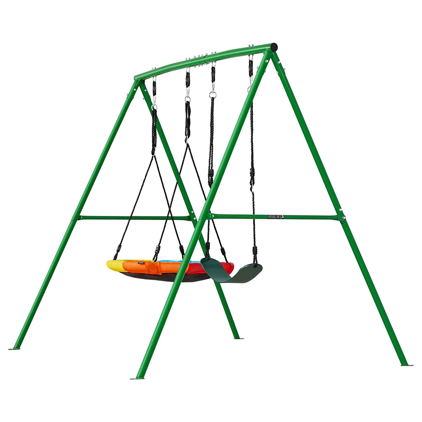 VEVOR Gartenschaukel mit A-förmigem Metallgestell, Doppelschaukel (1 Tellerschaukel & 1 Gurtschaukel), bis zu 199,6 kg Tragkraft, Schaukelset Outdoor, Verstärkt mit Spiralförmigen Bodenankern