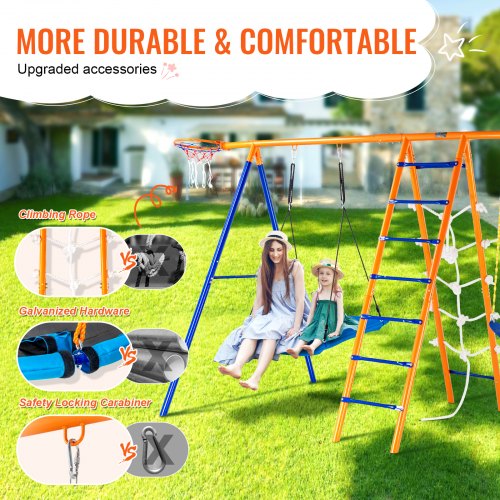 VEVOR 6-in-1 Gartenschaukel Mit 2 Schaukeln, Trapez, Kletterleiter, Netz & Basketballkorb – Robustes Spielgerät Für Draußen (Tragkraft 200 Kg)