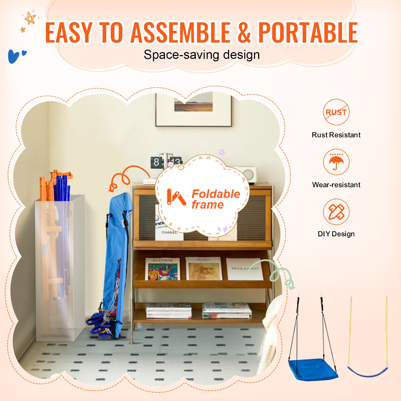 VEVOR Schaukel-Sets für den Garten, 6-in-1-Schaukel-Set mit 2 Schaukeln, Trapezstange, Kletterleiter, Kletternetz und Basketballkorb, 200 kg Tragkraft, robustes Metall-Schaukel-Set für den Außenbereich für Kinder ab 3 Jahren