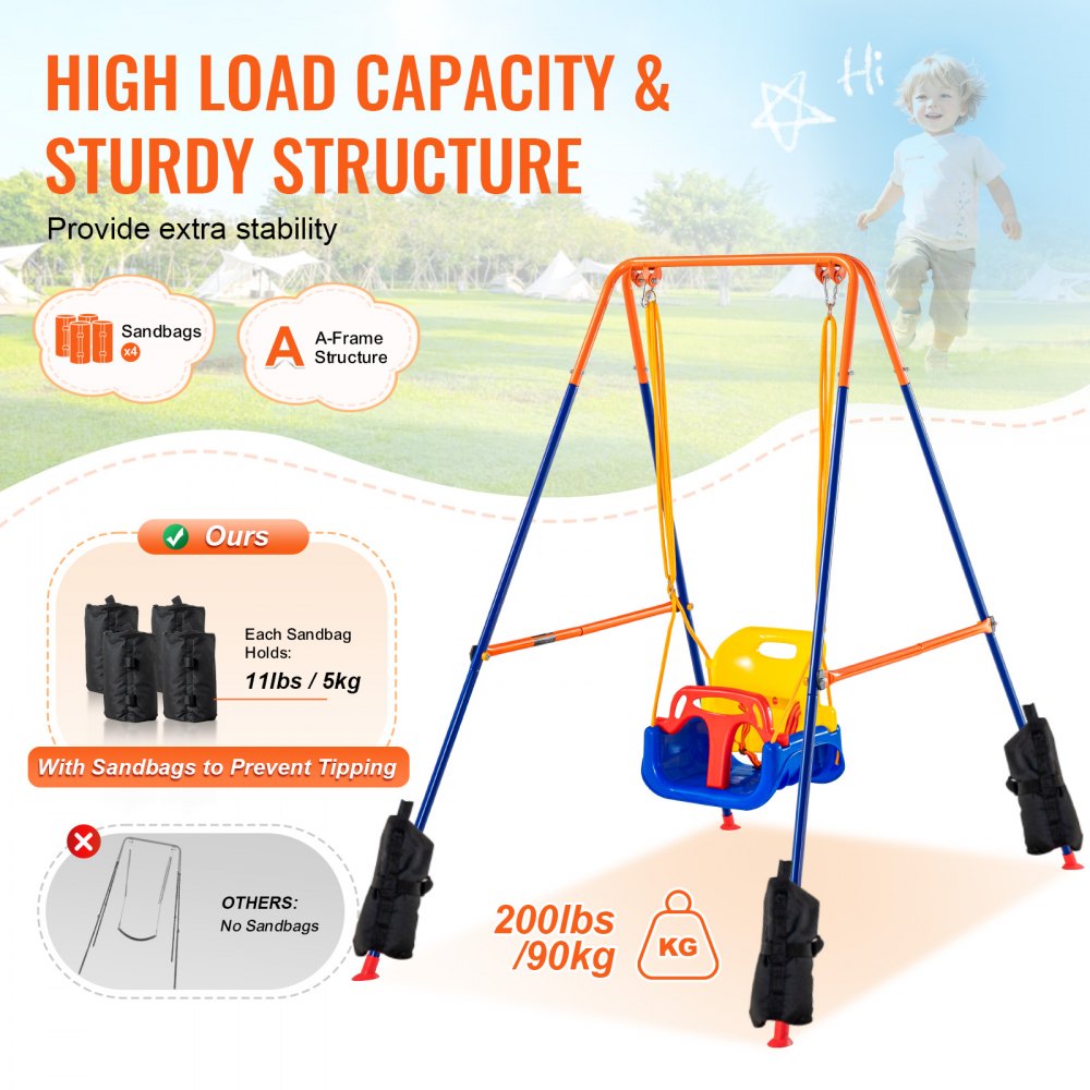VEVOR Swing Sets for the Garden, 3-in-1 Swing Set for Toddlers with 4 Sandbags, Foldable Metal Stand, Easy to Assemble, Indoor and Outdoor Swing Set for Children 3-6 Years Old, Youngsters 6-10 Years Old and Teenagers 10 Years and Over