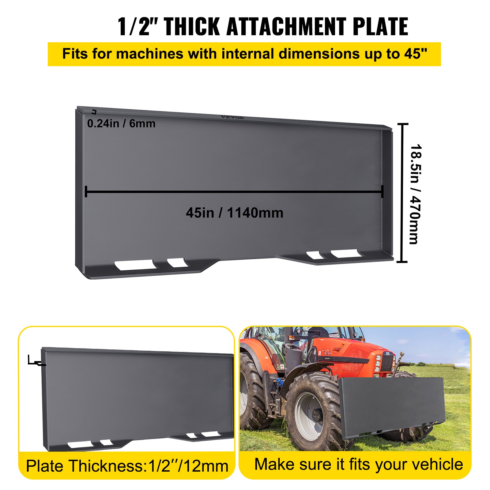 VEVOR compact handlebar mounting plate 12 mm, grade 50 BM-012 Multifunctional plate that can connect to the tractor, 54 kg Universal mounting plate 470 mm high, 1176 mm x 470 mm x 70 mm for vehicles
