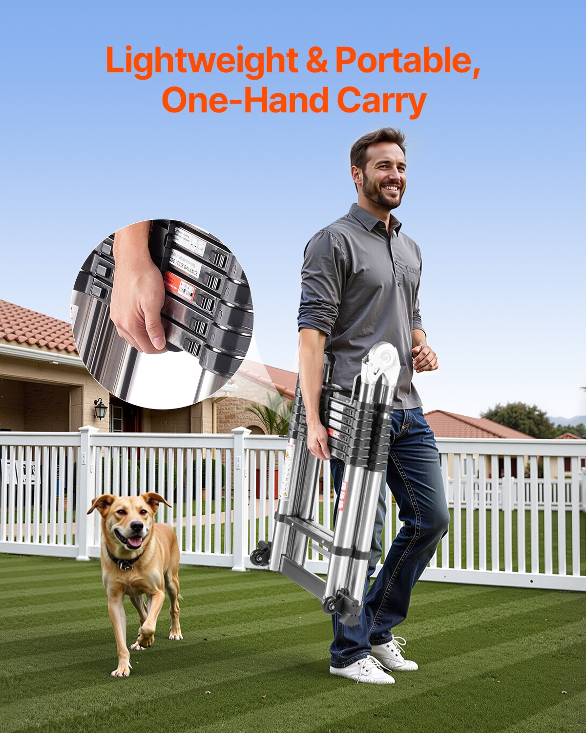 VEVOR Teleskopleiter mit A-Rahmen, 4985 mm lange Ausziehleiter aus Edelstahl, Klappleiter mit Tragkraft von 150 kg (75°), Leiter mit Ausgleichsstange für Zuhause, Wohnmobil, Dachboden