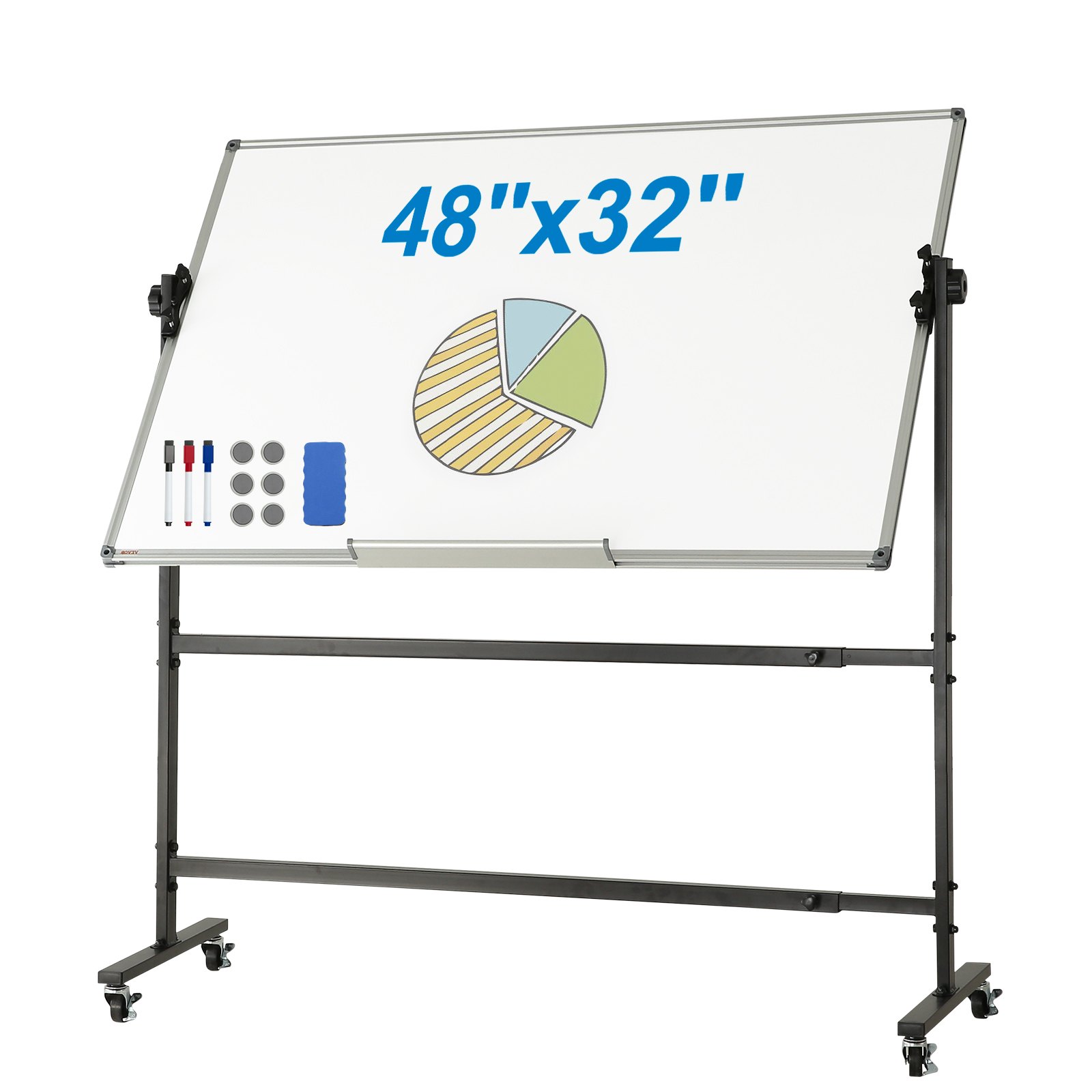 VEVOR Rolling Whiteboard, 48 x 32 Inch Double-Sided Magnetic Mobile Whiteboard, 360° Rotatable, Height-Adjustable Dry Eraser Board with Wheels and Movable Shelf