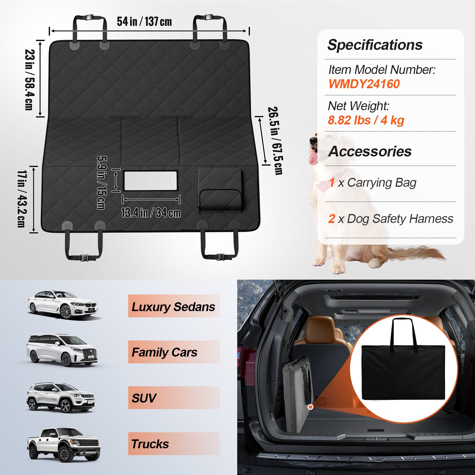 VEVOR Autositzbezug für Hunde für die Rückbank, 137,2 x 67,2 cm, wasserdicht, strapazierfähiger 600D-Autositzschutz für Haustiere mit Netzfenster und Aufbewahrungstasche, kratzfeste, weiche Hundehängematte für die Rückbank für SUV