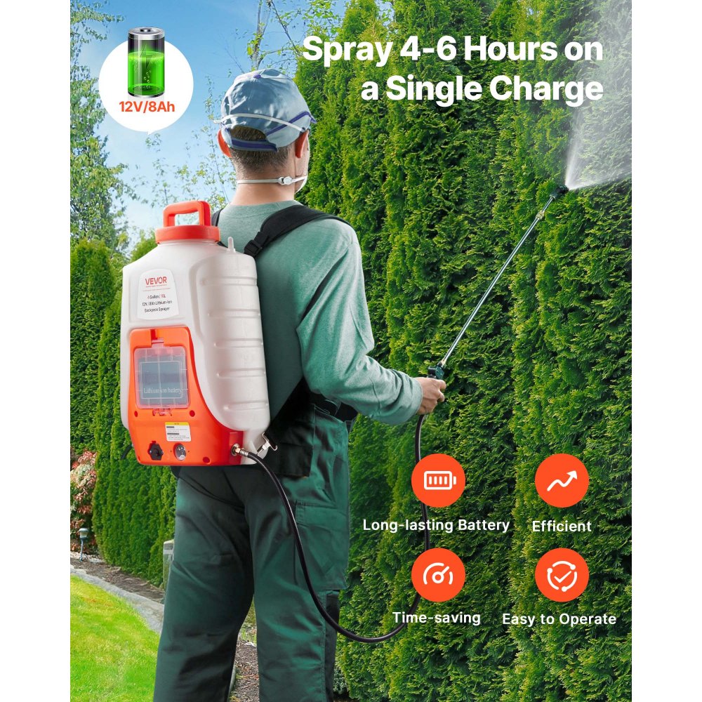 VEVOR Akku Drucksprüher 15L Rückensprüher 8Ah-Lithium-Ionen-Akku Drucksprühgerät 90PSI Düngersprüher 4,1L/min Gartensprüher mit Schultergurte Pflanzensprüher Gartenbewässerung Desinfektion Autowäsche