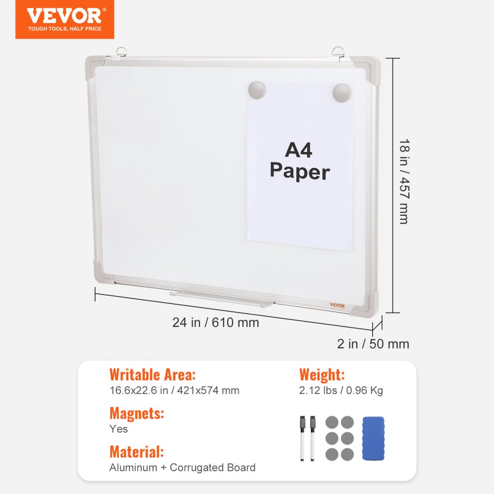 VEVOR Whiteboard Magnettafel mit Stiftablage 457 x 610 mm, Whiteboard inkl. 2 Whiteboard-Stifte +6 Magnete + 1 Magnetische Löscher, White Board Trocken Abwischbares Memoboard, für Büro, Schule usw.