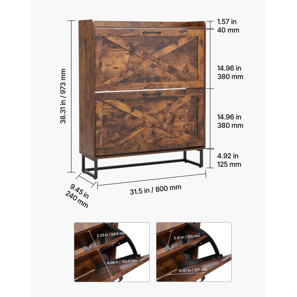 VEVOR Schuhschrank mit 2 Klappen & Kippschutz, platzsparender Schuhkipper, freistehender Schuhregal-Organizer für den Eingang Flur Wohnzimmer Veranda, Vintage Schuhregal 800x240x973mm Braun